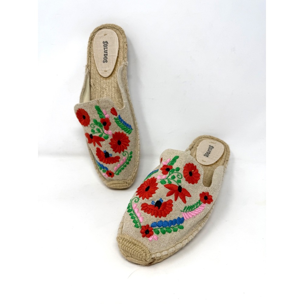 Soludos Ibiza Floral Embroidered Espadrille Mules Flats Shoes Beige Red 8.5